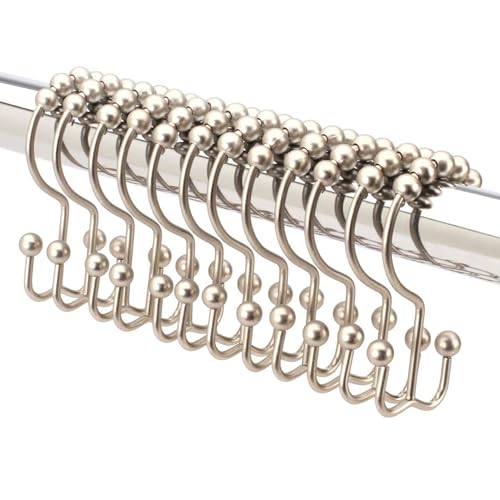 2lbDepot Double Sided Shower Curtain Hooks, Decorative Brushed Nickel Shower Curtain Hooks Rust Proof, Premium Stainless Steel Metal Hooks, Easy Glide Rollers, Set of 12 Curtain Rod Rings