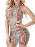 FasiCat Women Lingerie Rainbow Fishnet Babydoll Halter Stretch Chemise Miniskirt