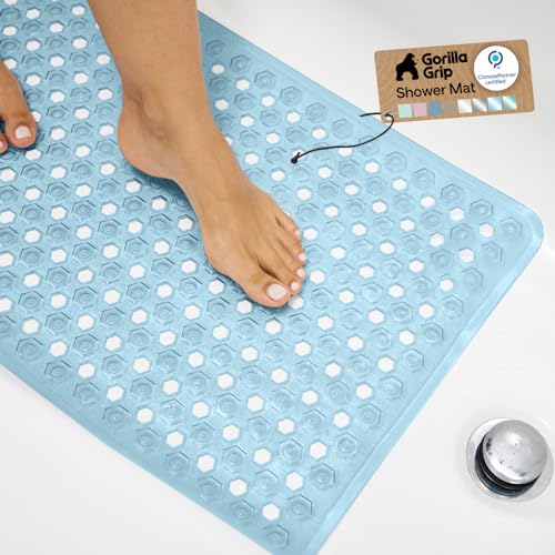 GORILLA GRIP Patented Bath Mat for Bathtub and Shower, 89x41cm, Machine Washable Mats with Drain Holes and Suction Cups to Keep Tub Floor Clean, Soft on Feet, Quick Dry, Bathroom Accessories Blue