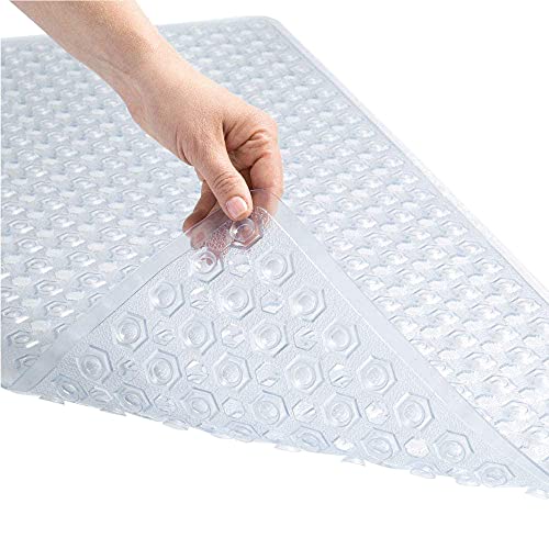 Book Cover Gorilla Grip Patented Bath Tub and Shower Mat, 35x16, Machine Washable, Extra Large Bathtub Mats with Drain Holes and Suction Cups to Keep Floor Clean, Soft on Feet, Bathroom Accessories, Clear