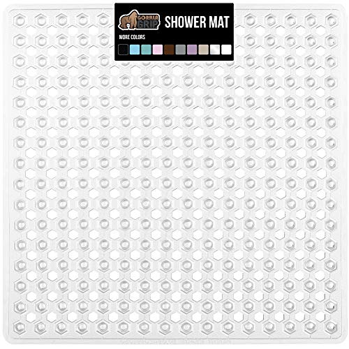 Book Cover Gorilla Grip Patented Shower Stall Mat, 21x21, Machine Washable, Square Bathroom Bath Tub Mats for Stand up Showers and Small Bathtubs, Drain Holes Keep Floor Clean, Suction Cups, Soft on Feet, Clear