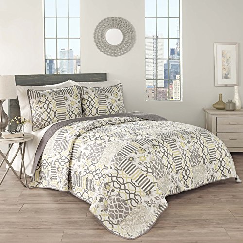 Traditions by Waverly 3 Piece Reversible Quilt Collection, Full/Queen, Sterling