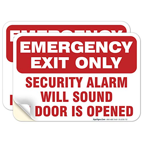 (2 Pack) Emergency Exit Only Sign, Self Adhesive 7 X 10" 4 Mil Sleek Vinyl Decal Stickers Weather Resistant Long Lasting UV Protected and Waterproof Made in USA by SIGO SIGNS