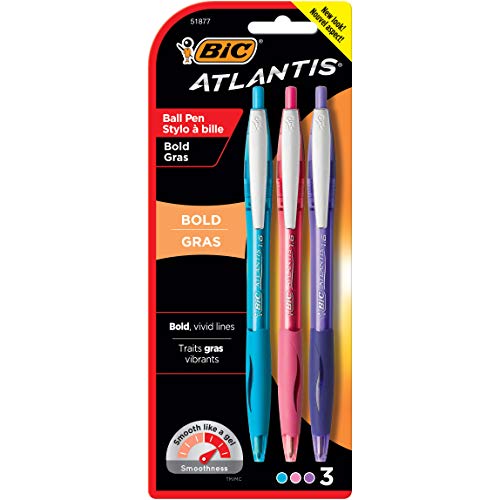 BIC Atlantis Bold Retractable Fashion Ball Pen, Bold Point (1.6mm), Assorted Colors, 3-Count
