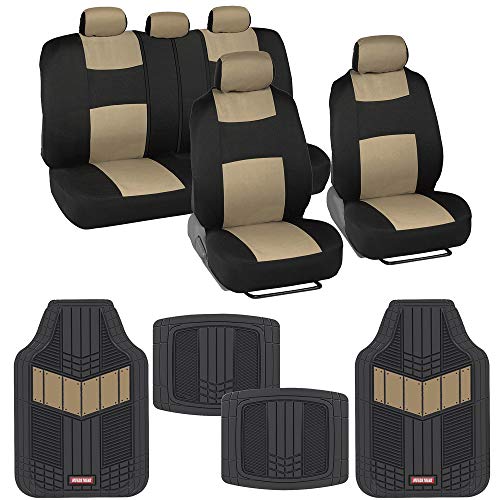 BDK PolyPro Black & Beige Car Seat Covers Full Set with Motor-Trend FlexTough All Weather Rubber Car Floor Mats - Front & Rear Split Bench Seat Covers for Cars & Matching Floor Mats for Car Interior