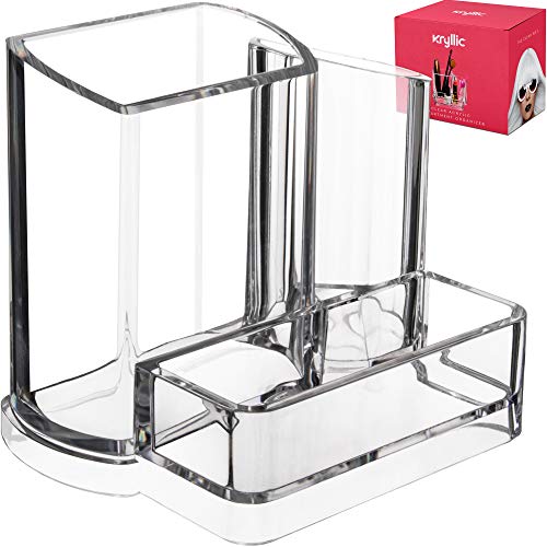 Acrylic Bathroom Office Accessories Holder - Clear 3 compartment vanity cosmetic storage organizer for toothbrushes jewelry makeup brush lipstick pens pencils scissors & business card desk supplies!