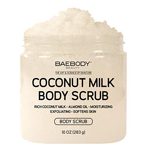 Baebody Coconut Milk Body Scrub: With Dead Sea Salt, Almond Oil, and Vitamin E. - Exfoliator, Moisturizer Promoting Radiant Skin 10oz.