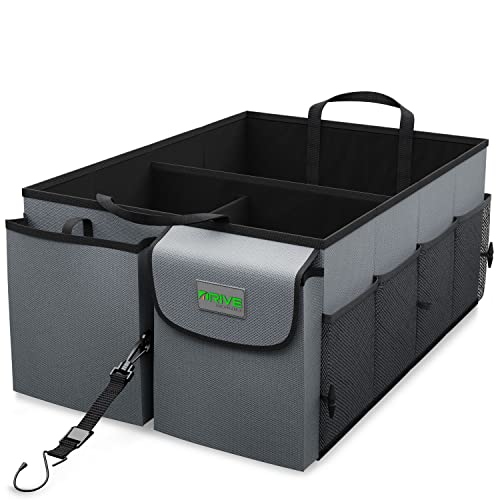 Drive Auto Car Organizer - Collapsible, Multi-Compartment Automotive SUV Trunk Organizer for Storage w/Adjustable Straps - Truck & Car Accessories for Women and Men - Grey Gray