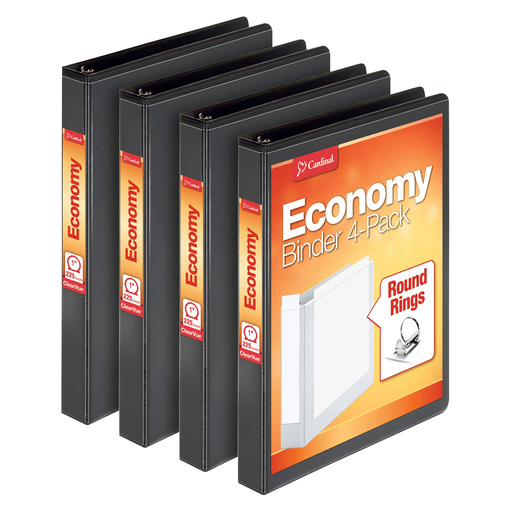 Book Cover Cardinal Economy 3 Ring Binder, 1 Inch, Presentation View, Black, Holds 225 Sheets, Nonstick, PVC Free, 4 Pack of Binders (79512) 1-Inch Black Storage Binder