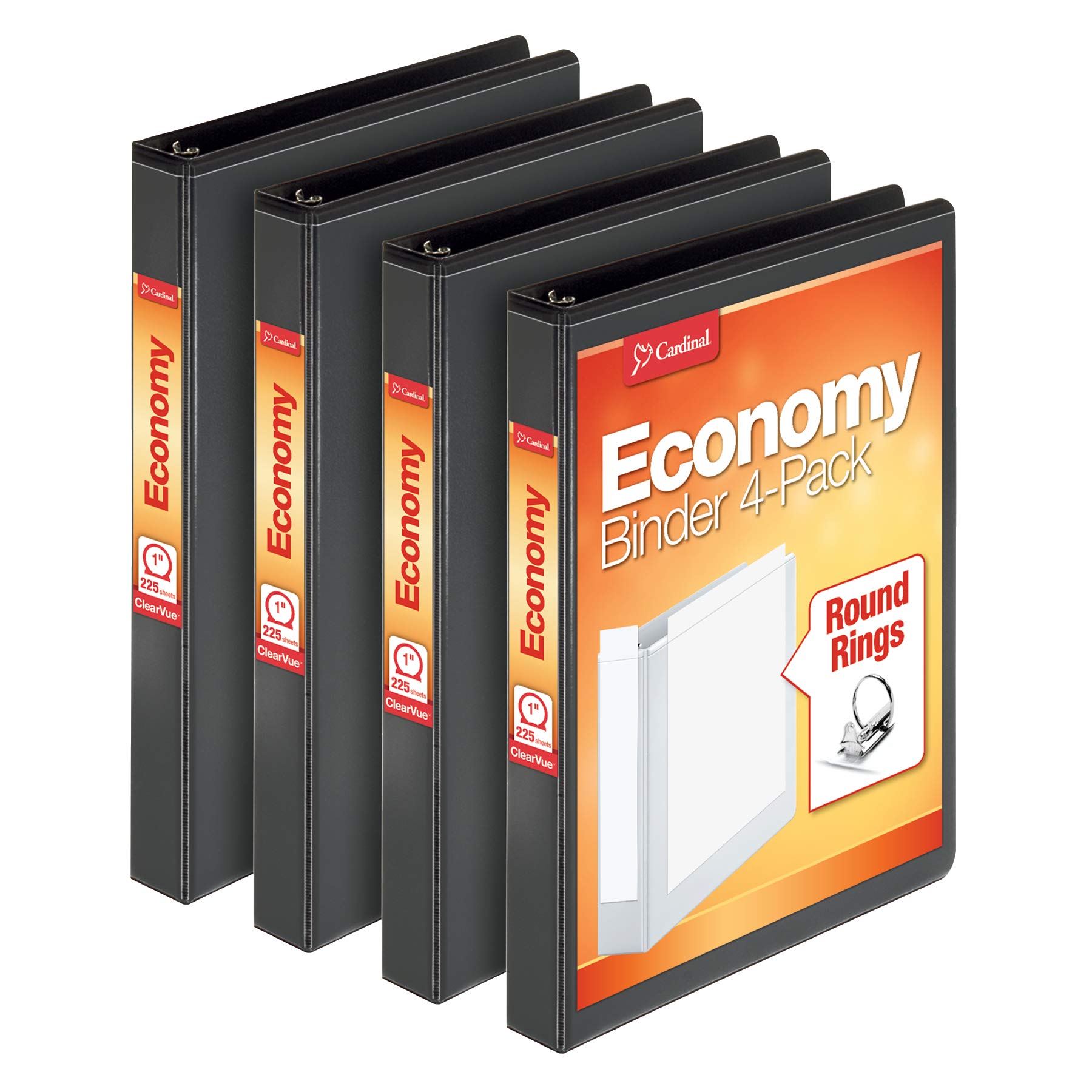 Cardinal Economy 3 Ring Binder, 1 Inch, Presentation View, Black, Holds 225 Sheets, Nonstick, PVC Free, 4 Pack of Binders (79512) 1-Inch Black Storage Binder