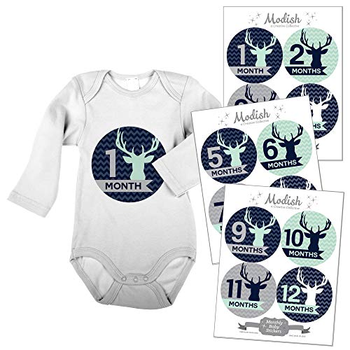 Modish Labels, 12 Monthly Baby Stickers, Baby Boy, Woodland, Deer, Antlers, Chevron, Mint, Navy Blue, Gray, Grey, Baby Month Stickers, Baby Book Keepsake, Photo Prop, Baby Shower Gift
