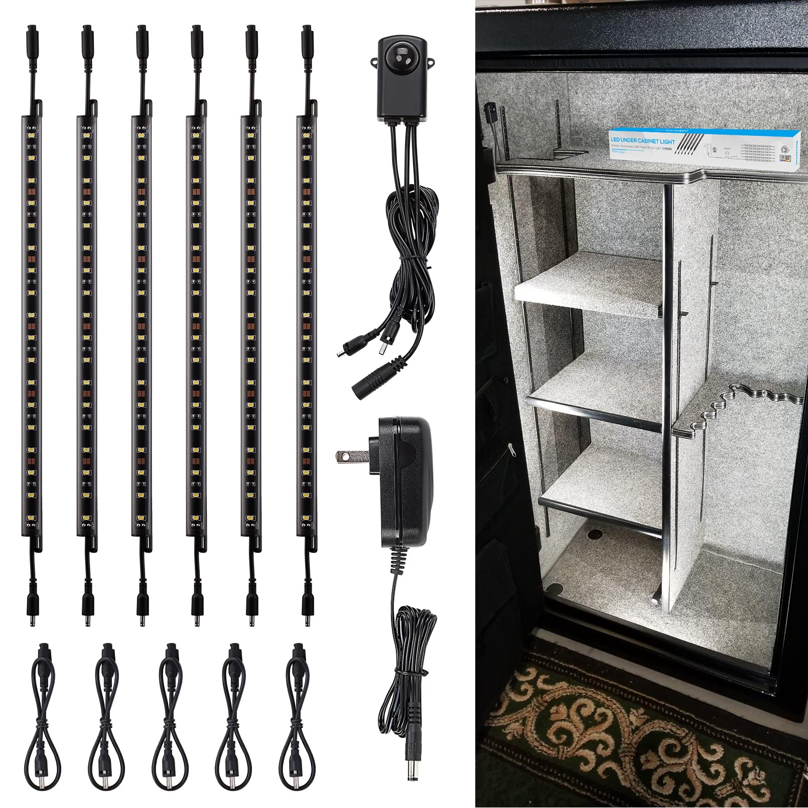 TORCHSTAR LED Safe Lighting Kit, (6) 12 Inch Linkable Light Bars + Motion Sensor + UL Power Adapter, 900LM, Input 100-240V, for Under Cabinet Gun Safe Locker Closet Showcase, 5000K Daylight Daylight (5000k)