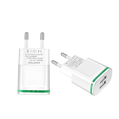 Europe Wall Charger, 2Pack 2.1A 5V Universal LED Dual USB European Travel Charger Power Adapter Charging Plug for iPhone 7/6/5S,Ipad, Samsung Galaxy S8 Plus S7/S6 Edge, LG, More Cellphone (White)