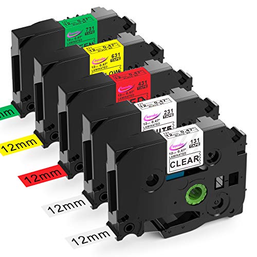 Anycolor Compatible Label Tape Replacement for Brother P Touch TZe Color Label Tape 12mm 0.47 inch TZe-231 TZe-131 TZe-431 TZe-631 TZe-731 for PT-D210 PT-H100 PT-D400, 5-Pack