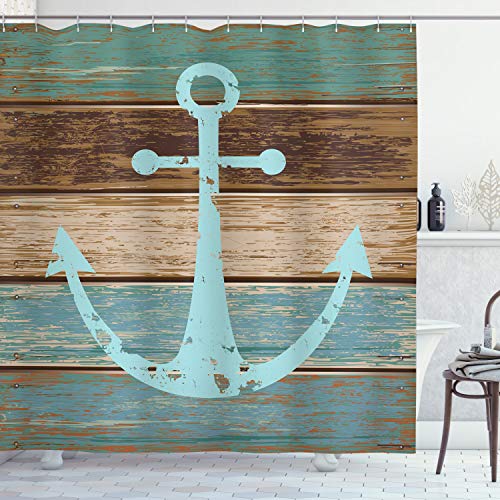 Ambesonne Anchor Shower Curtain, Modern Marine Themed Sign on Wooden Planks Rustic Nautical Theme Art Drawing, Cloth Fabric for Bathroom Set with Hooks House and Home Decor, 69" W x 84" L, Teal Brown