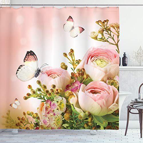 Book Cover Ambesonne Greenery Floral Rose Butterfly Decor Pink Roses For Girls Colorful Flowers, Polyester Fabric Bathroom Shower Curtain Set With Hooks 69