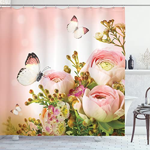 Ambesonne Greenery Floral Rose Butterfly Decor Pink Roses For Girls Colorful Flowers, Polyester Fabric Bathroom Shower Curtain Set With Hooks 69" W By 70" L