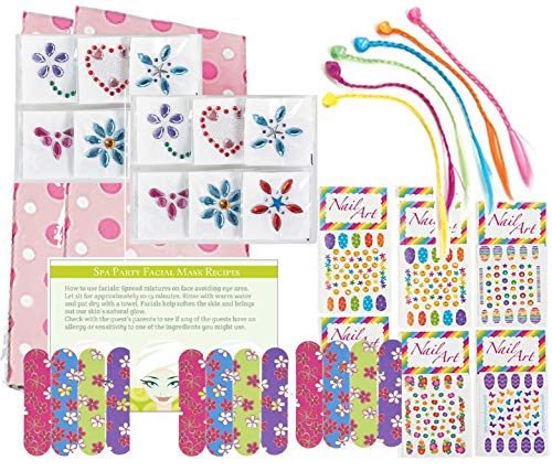 Book Cover Spa Party Supplies for Girls - Mini Emery Boards (12), Colored Hair Clip Braids (12), Body Jewels (12), Nail Decal Sets (12), Pink Cello Bags (12) and Facial Recipes, Total 61 Pieces