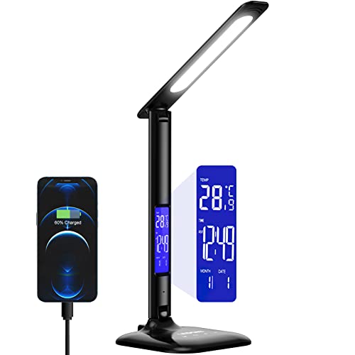 LEDGLE Desk Lamp USB Charging Port LED Desk Lamp with 5 Levels Brightness Adjustable Foldable ​Table Lamp Eye-Caring Touch Control Office Lamp with Clock - Desk Light for Home Office Working Reading