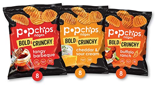 Book Cover Popchips Ridges Potato Chips Variety Pack, Single Serve 0.8 Ounce Bags (Pack of 24), 3 Flavors: 8 Tangy BBQ, 8 Cheddar & Sour Cream, 8 Buffalo Ranch