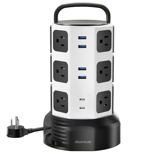 Power Strip Tower JACKYLED Surge Protector Electric Charging Station 3000W 13A 10 Outlets 4 USB Ports with 16AWG 6.5ft Heavy Duty Extension Cord for Home Office