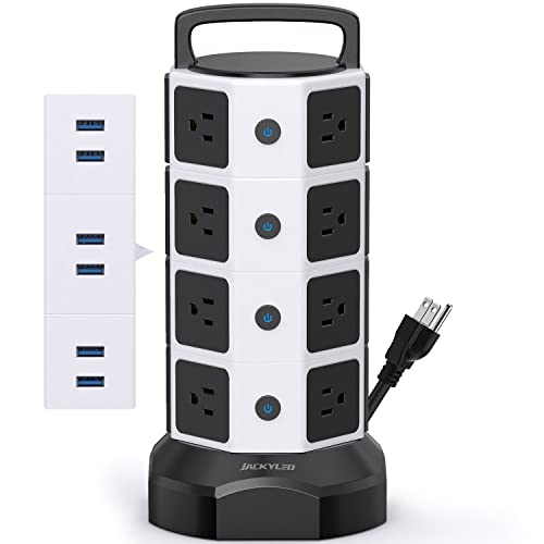 Power Strip Tower Surge Protector - JACKYLED 16 AC Outlets(13A) 6 USB Ports Electric Charging Station, 1050J Surge Electric Tower, 1625W Outlet Extender, 6.5ft Heavy Duty Extension Cord for Home