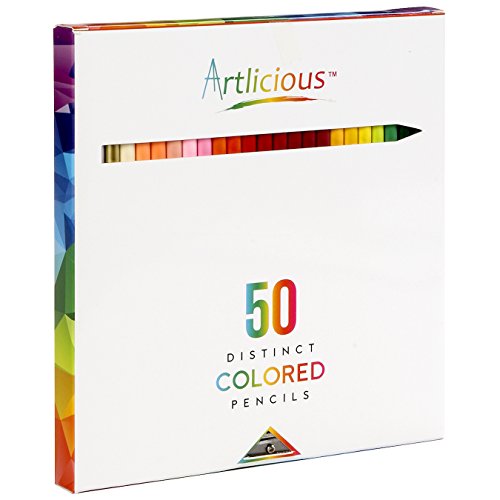 Book Cover Artlicious - 50 Premium Distinct Colored Pencils for Adult Coloring Books - Bonus Sharpener - Color Names on Pencils