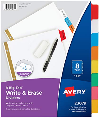 Book Cover AVERY 8-Tab Binder Dividers, Write & Erase Multicolor Big Tabs, 6 Sets, School Binder Organizers (23079) - 73079