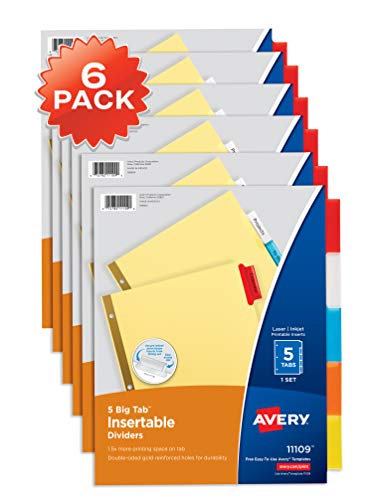 Book Cover Avery 5-Tab Binder Dividers, Insertable Multicolor Big Tabs, 6 Sets (11109)