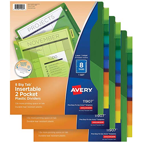 AVERY 8-Tab Plastic Pocket Dividers for Home Office or Homeschool Supplies, Insertable Multicolor, 3 Sets (11907)
