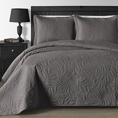 Book Cover Comfy Bedding Extra Lightweight and Oversized Thermal Pressing Leafage 3-Piece Coverlet Set (King/Cal King, Gray)