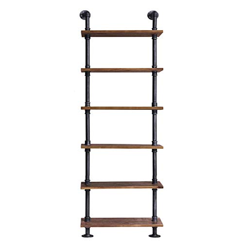 Diwhy Industrial Pipe Shelves Rustic Modern Wood Ladder Bookcase with Metal Frame,Pipe Wall Shelf,Wood Storage,Home Decor,Display Shelving,Retro Floating Wood Shelving,6 Layer Bookshelf