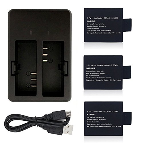 VVHOOY 3 x 900mAh Rechargeable Action Camera Battery with USB Dual Battery Charger Compatible with AKASO/APEMAN/DBPOWER/ODRVM/SOOCOO/Lightdow/Pictek/Victure/Yuntab Sports Action Camera