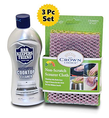 BAR KEEPERS FRIEND Cooktop Cleaner Kit. Liquid (13 OZ) and Non Scratch Scouring Dishcloth | Multipurpose, Glass Ceramic Stovetop, Soft Cleaner and Non Scratch Dish Cloth