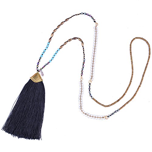 KELITCH Turquoise Crystal Beads Strand Necklace Color Tassel Necklace for Women (Black A)