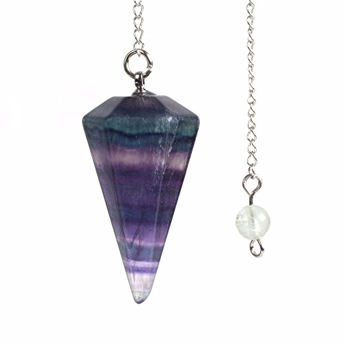 JUSTINSTONES Natural Rainbow Fluorite Gemstone Rock Crystal Hexagonal Pointed Reiki Chakra Pendant Pendulum