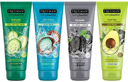 Book Cover Freeman Facial Mask Variety Pack: Oil Absorbing Clay, Renewing and Moisturizing Peel Off, Polishing Charcoal Beauty Face Masks , 6 fl oz, 4 Pack