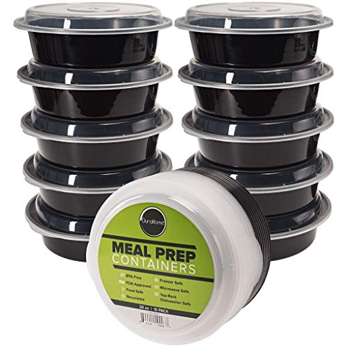 Book Cover DuraHome Meal Prep Containers with Lids, Ãƒ Ã‚ 32oz. (7Â Wide) Round Microwaveable Black Plastic Food Storage Container, Set of 12