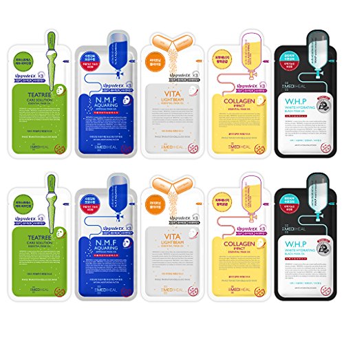 MEDIHEAL Best 5 Type Combo Mask Sheet Pack Of 10 - Teatree, N.M.F Aquaring, Vita Lightbeam, Collagen Impact, W.H.P White Hydrating