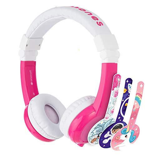 ONANOFF BuddyPhones Explore Foldable, Volume-Limiting Kids Headphones with Travel Bag, Built-In Audio Sharing Cable with Mic, Compatible with Fire, iPad, iPhone, and Android Devices, Pink
