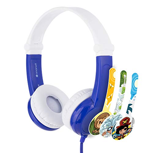 ONANOFF BuddyPhones Connect, Volume-Limiting Kids Headphones, Foldable and Durable, Built-in Audio Sharing Cable with in-Line Mic, Best for Kindle, iPad, iPhone and Android Devices, Blue