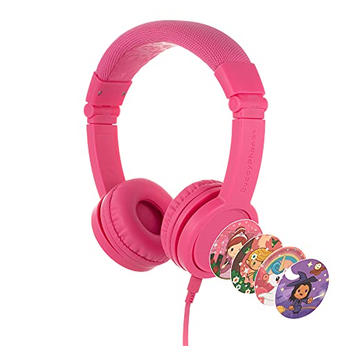 ONANOFF BuddyPhones Explore+, Volume-Limiting Kids Headphones, Foldable and Durable, Built-in Audio Sharing Cable with in-Line Mic, Best for Kindle, iPad, iPhone and Android Devices, Rose Pink