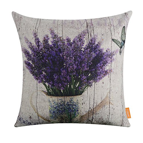 LINKWELL 18"x18" Vintage Wood Look Purple Lavender Flower Home Burlap Throw Pillow Case Cushion Cover (CC1142)