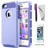 IPhone 5s Case 5g Se KXLY 2 in 1 Hybrid Heavy Duty Protective Cover Hard PC Rugged Soft TPU Dual Layer With Tempered Glass Screen Protector Stylus[Light Purple-Purple]