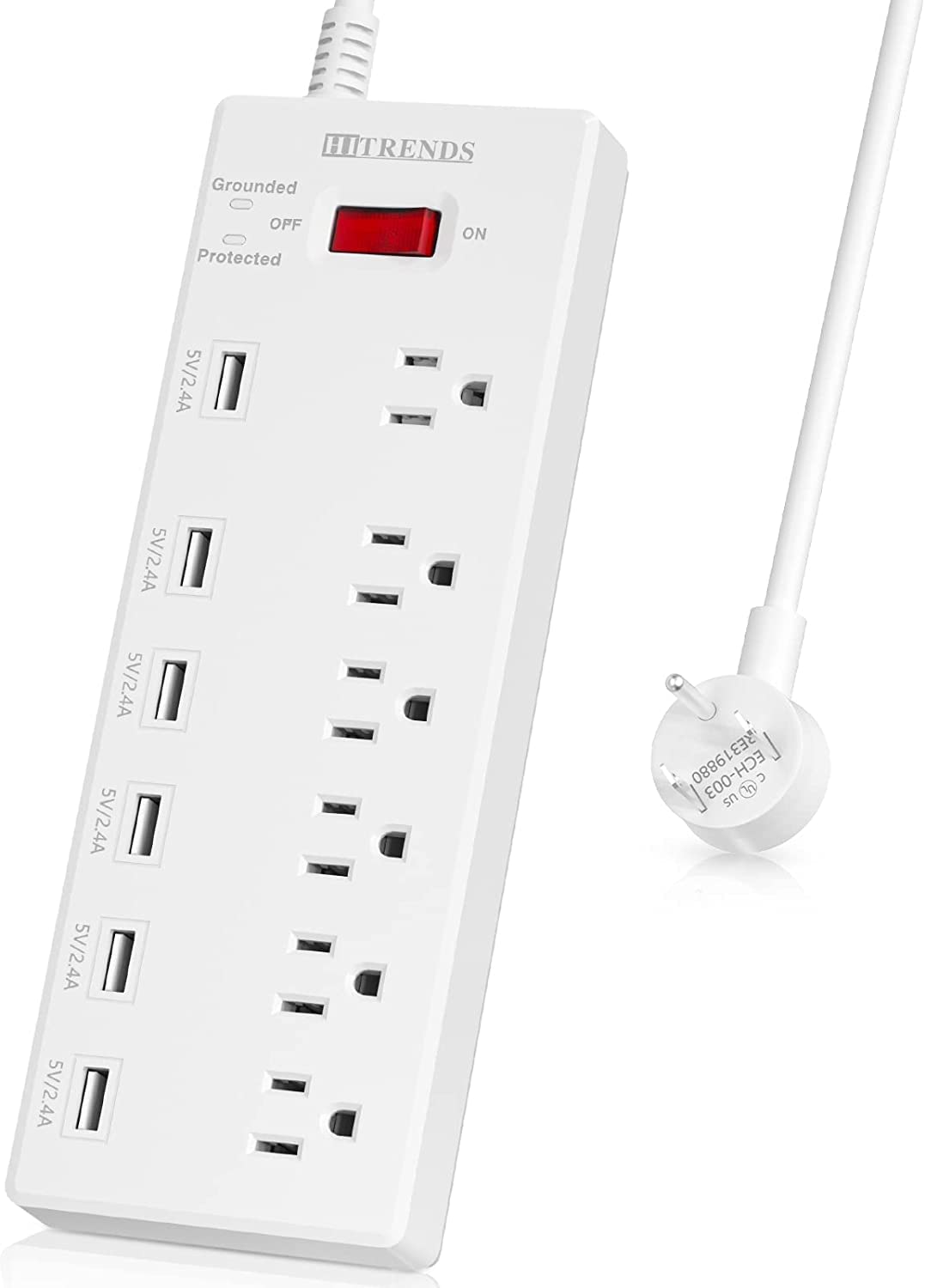 HITRENDS Surge Protector Power Strip 6 Outlets with 6 USB Charging Ports, USB Extension Cord, 1625W/13A Multiplug for Multiple Devices Smartphone Tablet Laptop Computer (6ft, white) 6 Outlets White