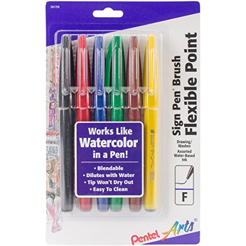 Pentel Arts Sign Pen Touch, Fude Brush Tip, Assorted Colors, Pack of 6 (SES15CBP6M)