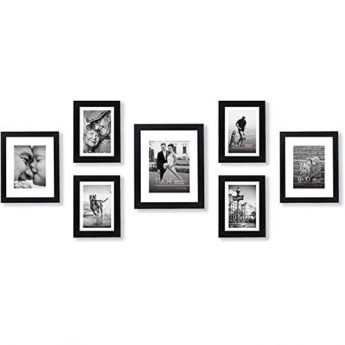 Americanflat 7 Piece Gallery Wall Set - Displays One 11x14, Two 8x10, and Four 5x7 inch photos - Shatter-Resistant Glass - Hanging Hardware Included