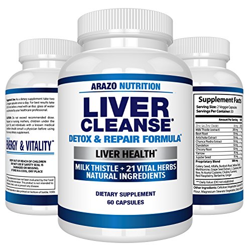 Book Cover Liver Cleanse Detox & Repair Formula – 22 Herbs Support Supplement: Milk thistle Extracts Silymarin, Beet, Artichoke, Dandelion, Chicory Root – Arazo Nutrition USA