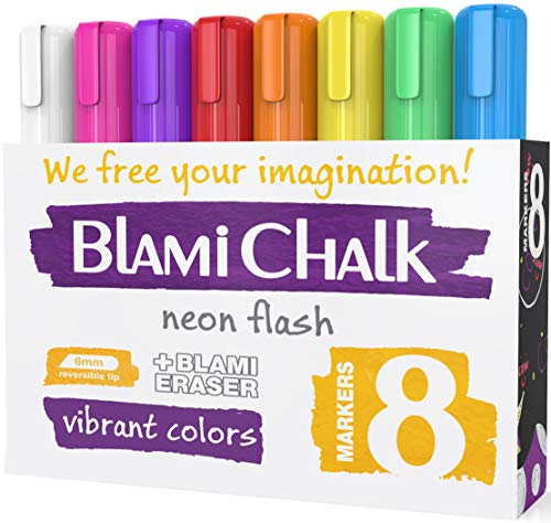 Blami Arts Chalk Markers Reversible Tip for Non-Porous Chalkboard and Bistro Glass Windows - 8 Pack Erasable Neon Bright Non-Toxic Liquid Ink Pens with Bright Vivid Paint - Eraser Sponge included