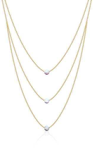 Opal Layered Gold Necklaces For Women | 14k Gold Dipped Ball Chain, 3 Tiered White Fire Opal, Gold Necklace | Dainty Opal Necklaces For Women | Celebrity Approved Opal Jewelry For Women